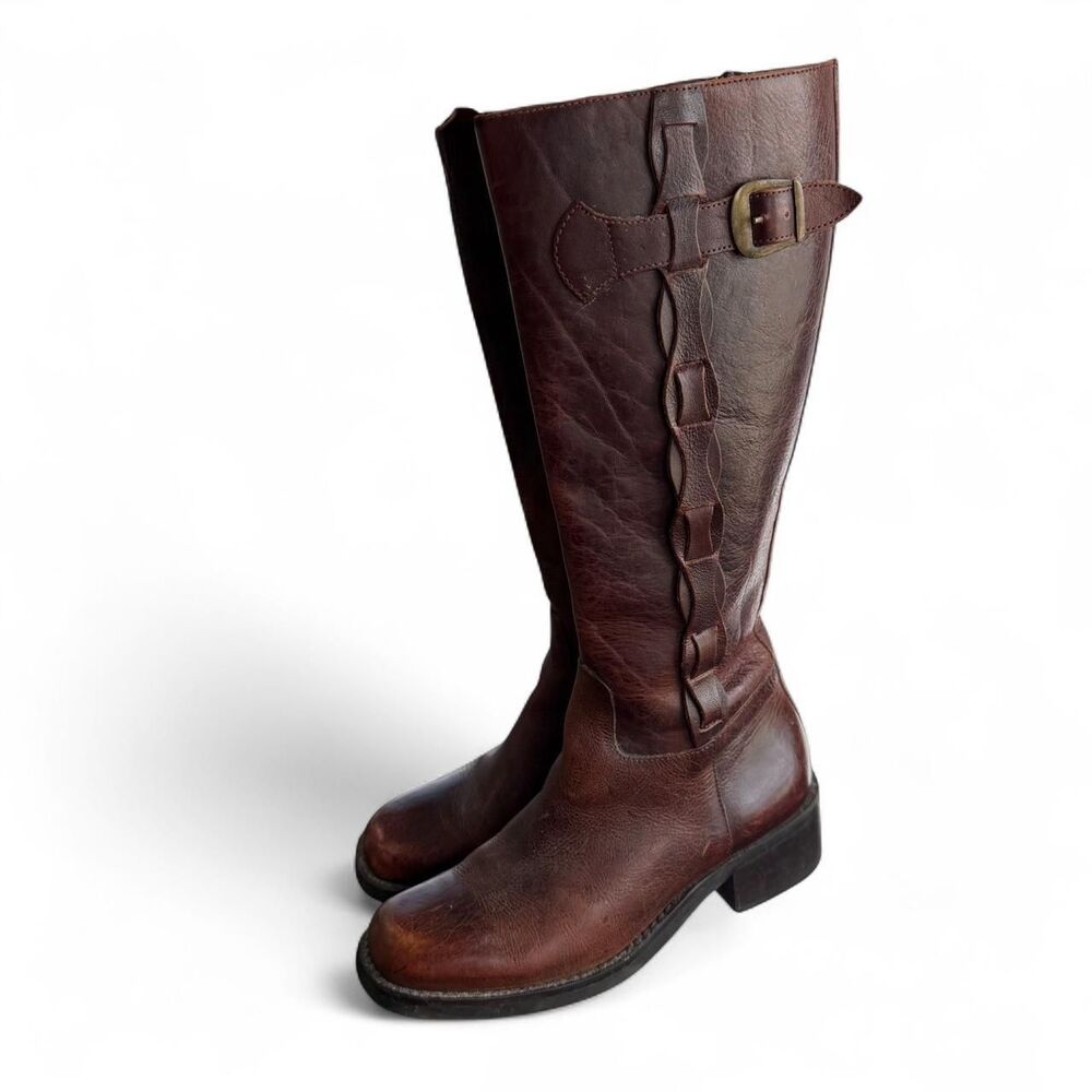 VTG Nicole Brown Leather Tall Square Toe Campus Boots